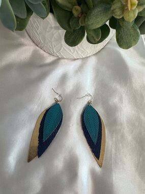 Layered Teal & Navy Leaf Drop Earrings with Gold Accent